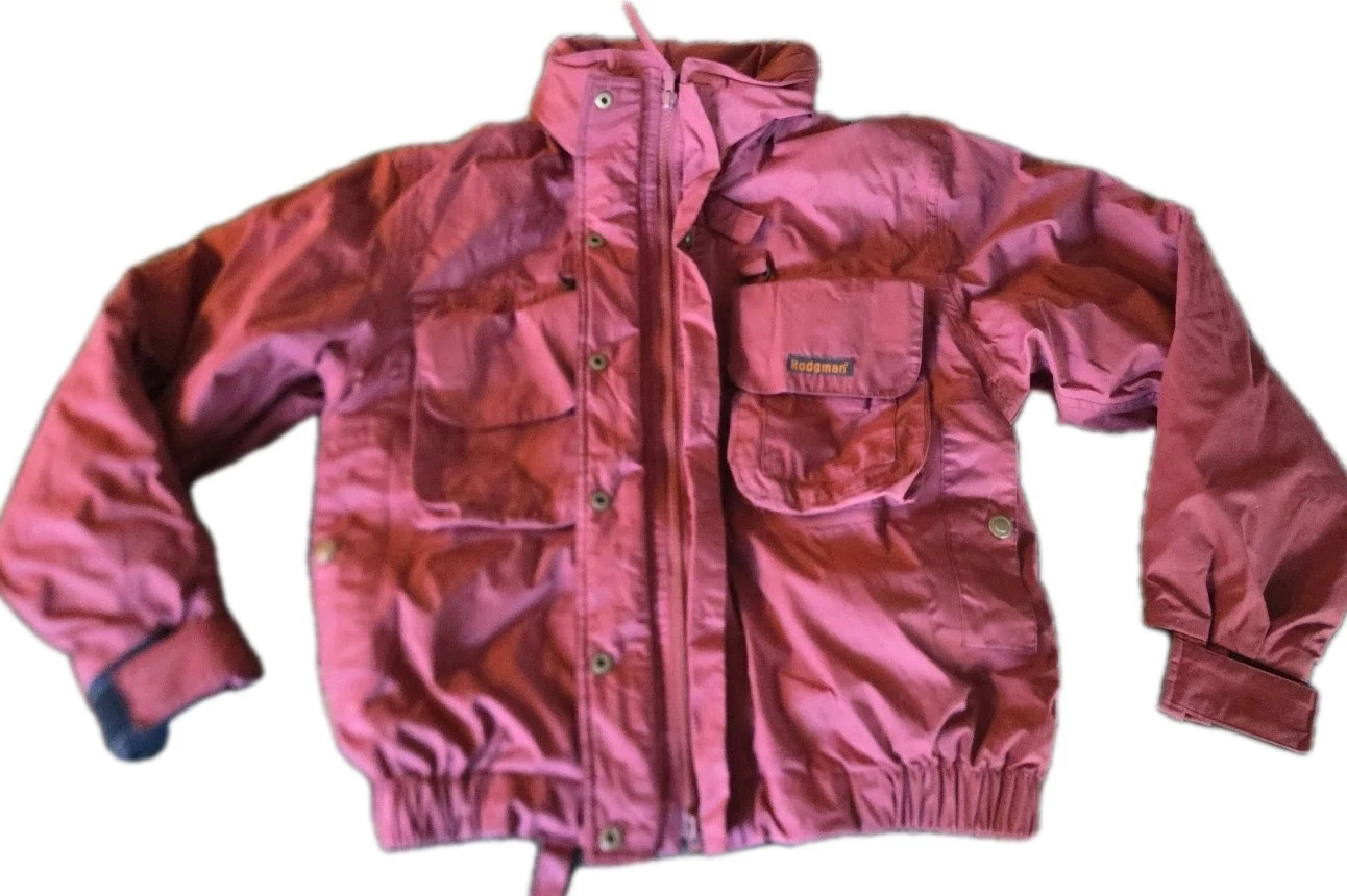 Vtg 90s Genuine Hodgeman Jacket S Red Outdoor Chore Zip Hooded Multi Pocket