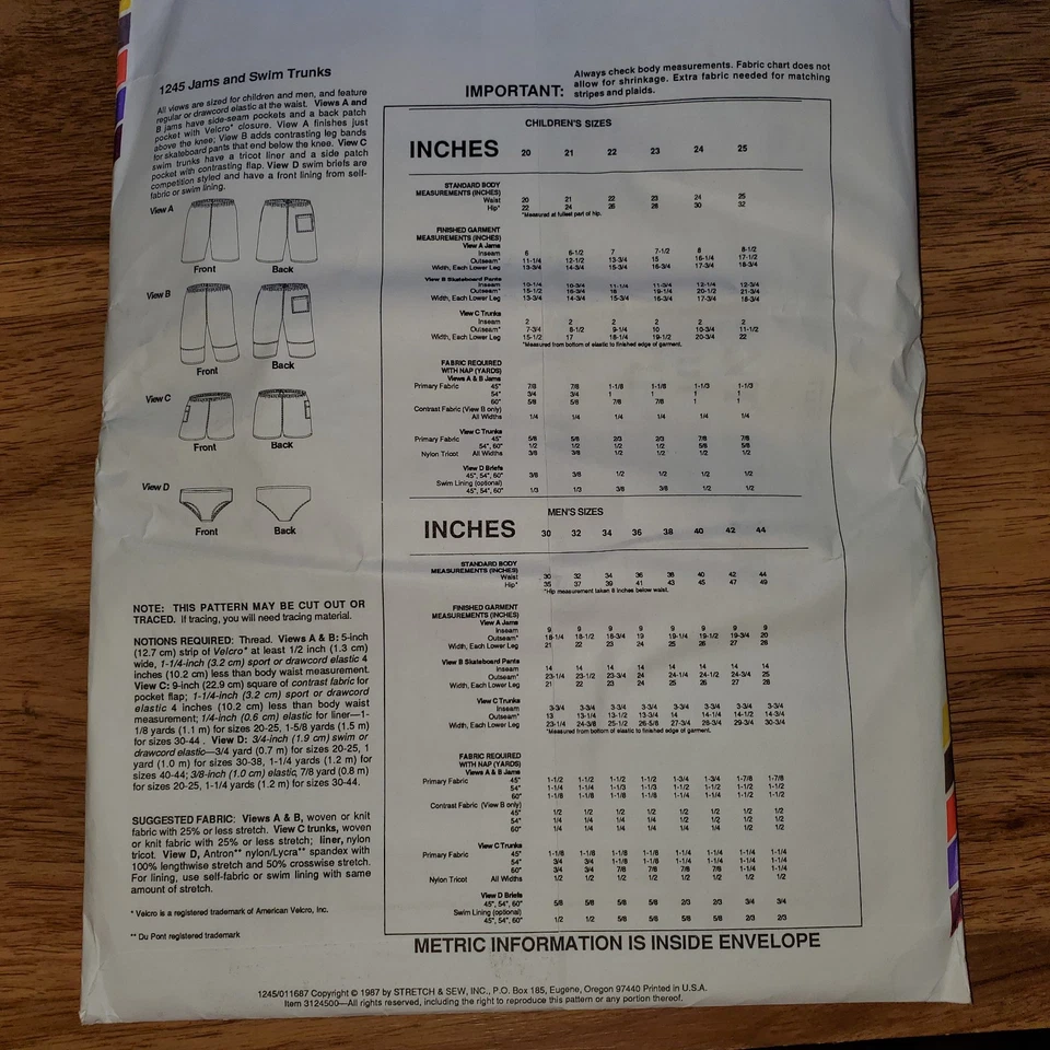 Stretch & Sew #1245 .  Boy's and Men' s Jams & Swim Trunk. Printed 1987. UNCUT - Image 2 of 2