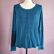 One Size Michael Stars Blue Pieced Waffle Raw Edge Oversized Long Sleeve Top