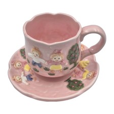 Vintage Parma Japan Pink Ceramic Cup Saucer Raised Figures Scalloped Rim