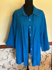 Chicos Blue Linen Button Up Shirt Jacket 3/4 Sleeve Size 3