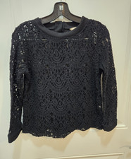 Banana Republic Black Lace Button Accent Sheer Long Sleeve Blouse Women's M