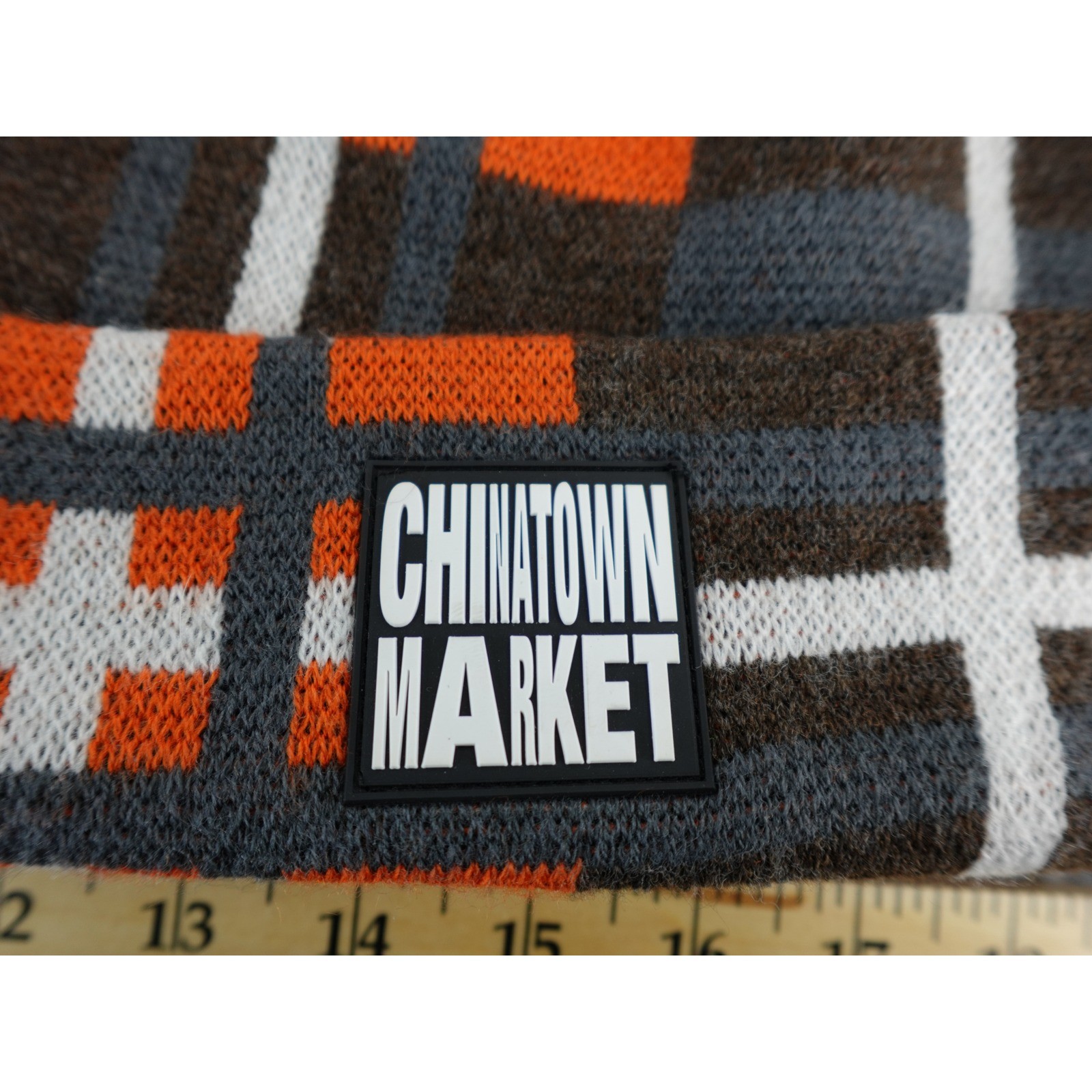Chinatown Market Smiley Face Plaid Beanie Hat Orange Gray White image 2