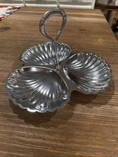 Vintage Irvinware Three Compartment Shell Tray W Handle, Chrome-ware, 5x10”