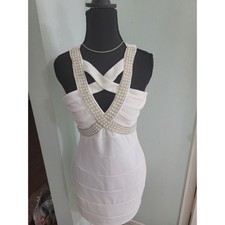 Ivory Pearl Embellished Caged Back Bodycon Mini Dress  Size 3 NWT