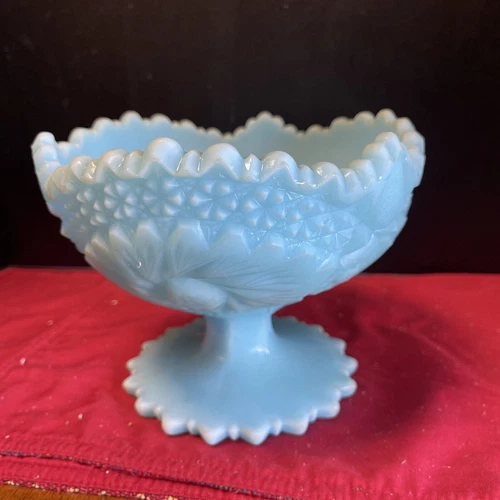 Fenton Vintage Hobstar Pedestal Dish Compote Milk Glass Blue