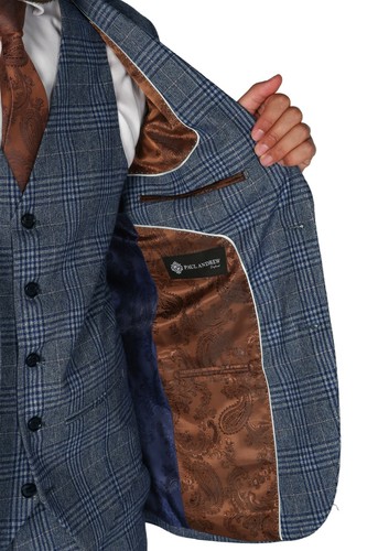 Traje de colección a cuadros para hombre en azul gris ajuste a medida negocios boda traje formal - Imagen 6 de 13