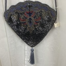 Handmade Beaded Fan Shaped Crossbody Bag Multicolor Blues, Grays, Iridescent
