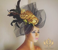 Aimee Fuller Kentucky Derby Black Fascinator Hat Gold Flower Del Mar Races Hat