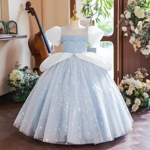 Princess Blue Dress Girls Cosplay Elegant Outfit Evening Gowns Formal Costumes - Picture 8 of 13