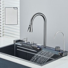 29.5" Gray Flying Rain Stainless Steel Kitchen Sink with Pull Down Mixer Faucet