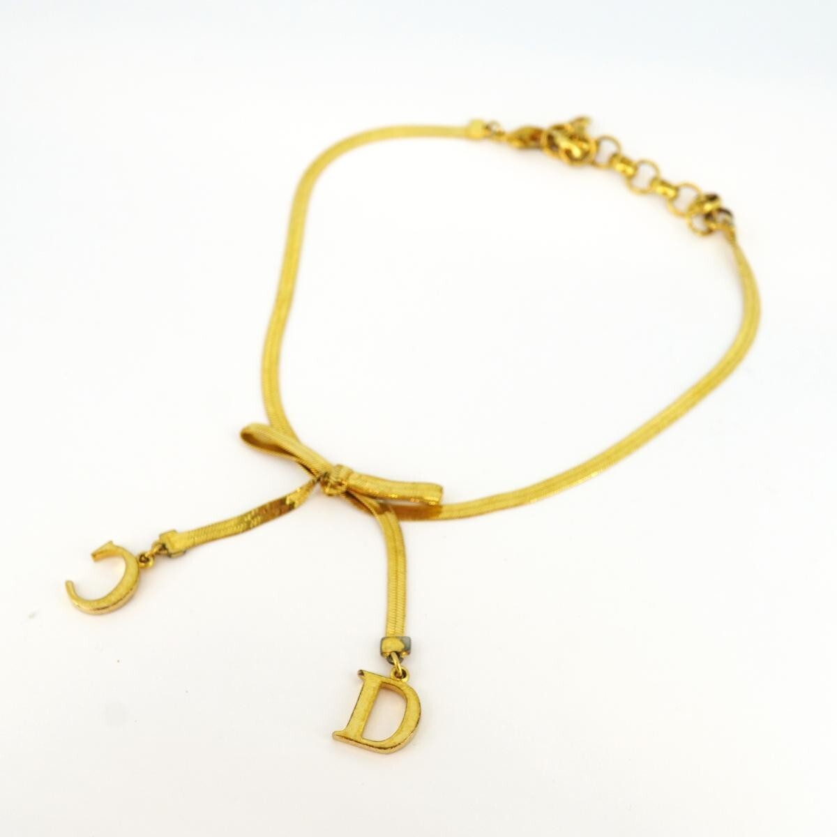 Christian Dior Vintage Ribbon CD Charm Choker Necklace Gold Plated 