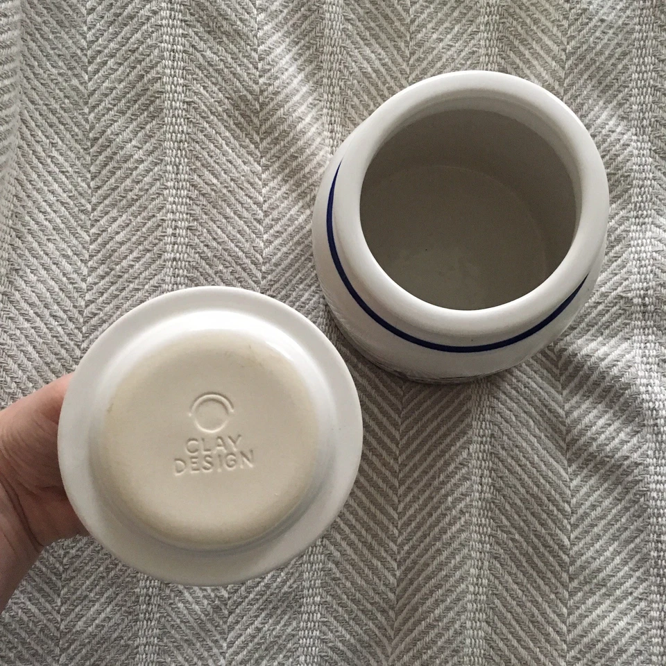 Cat Treat Jar Glazed Lidded Stone Crock Clay Design White Blue Kitty Krunchies - Image 3 of 4