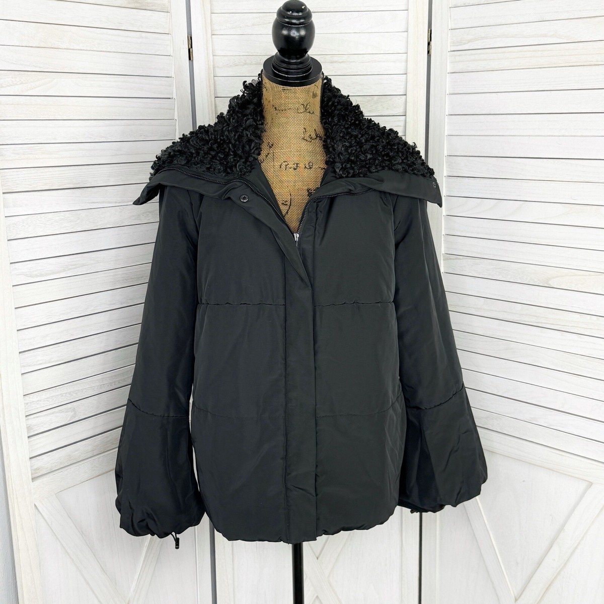 Simply Vera Puffer Jacket Women Medium Black Faux Fur Collar Hood  