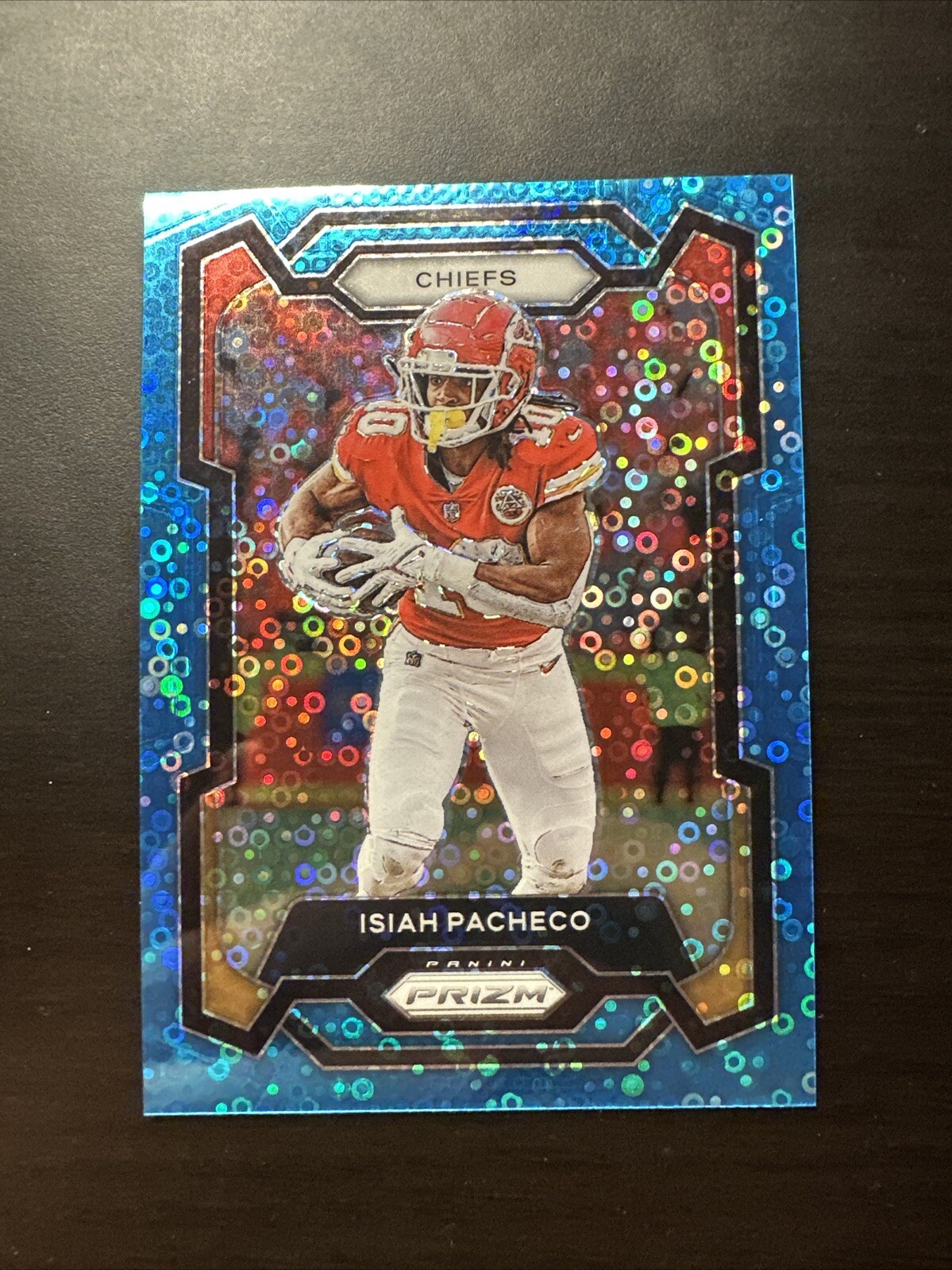 2023 Panini Prizm #144 Isiah Pacheco Kansas City Chiefs No Huddle BLUE DISCO /95