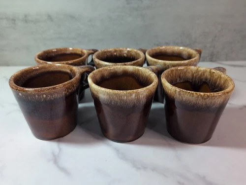 Hull Brown Drip Glaze Pottery Tall Coffee Mug/Cup Set of 6 USA Oven Proof