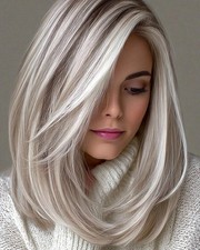 Human Hair New Fashion Layered Natural Silver Gray Straight Women's Wigs 14in
