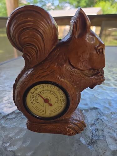Vintage Composite Wood Figural Squirrel Thermometer. Tested Operational. 