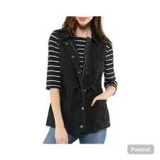 NWOT Size Large Allegra K Womens Black Solid Zip Up Sleeveless Utility Vest