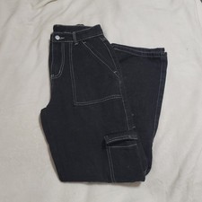 Womens Dark Wash Black Denim Cargo Wide Leg Jeans Sz Small Shein Cotton Blend