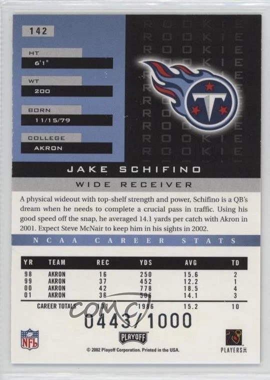 2002 Playoff Honors Rookie /1000 Jake Schifino #142 Rookie RC - Image 2 of 2