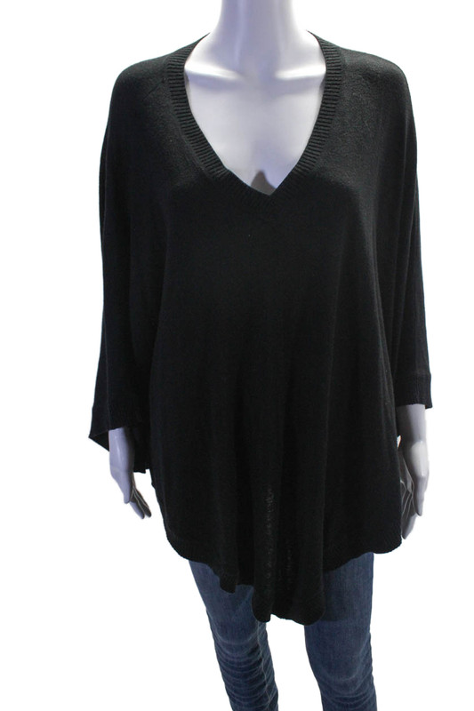 Splendid Womens Black V-Neck 3/4 Sleeve Oversized Poncho Sweater Top Size XS/S
