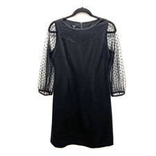 Talbots Ponte Mesh Dot Shift Dress Womens Black Sheer Sleeve Jewel Neck 6P NWT