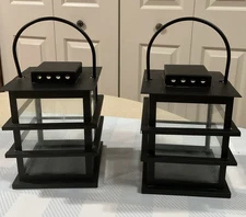 Metal & Glass 9” Black Candle Holder Lantern. Set Of 2. New. Free Shipping