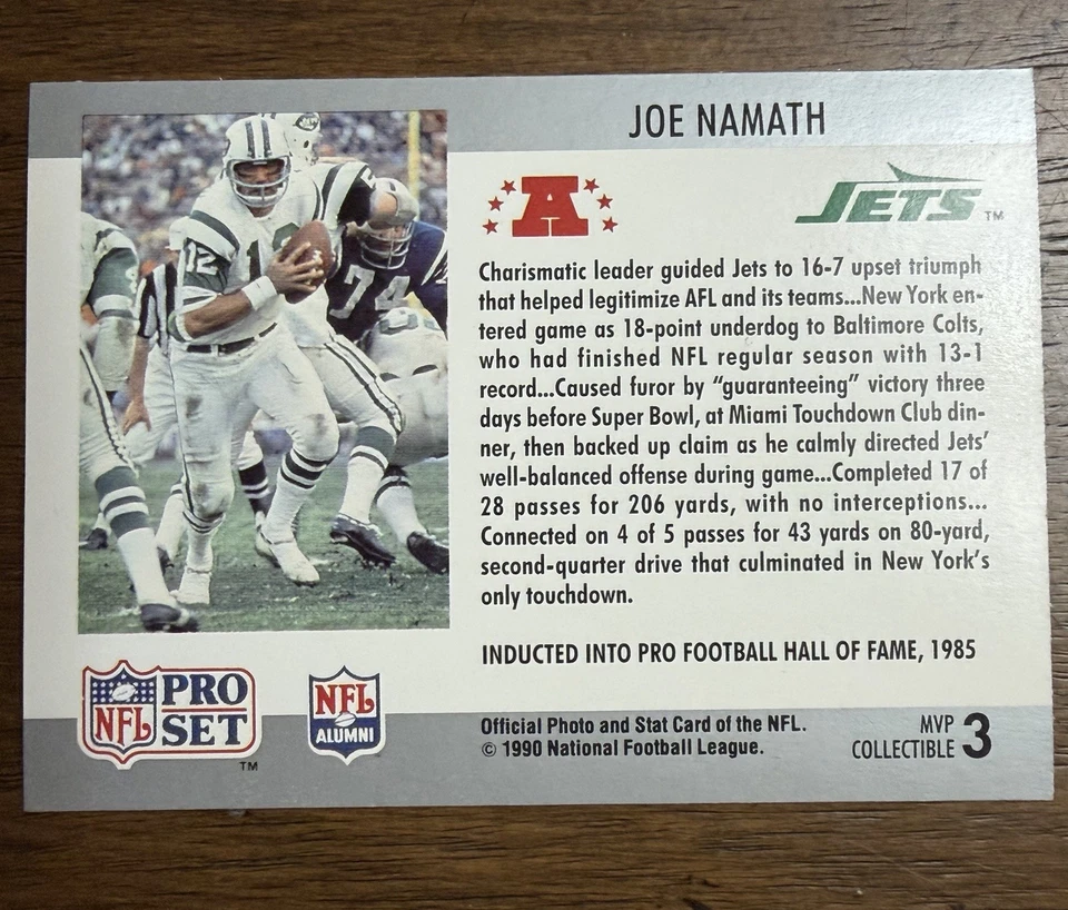 1990 NFL Pro Set Joe Namath Super Bowl MVP #3 HOF Original Owner Excellent Shape - Image 2 of 2