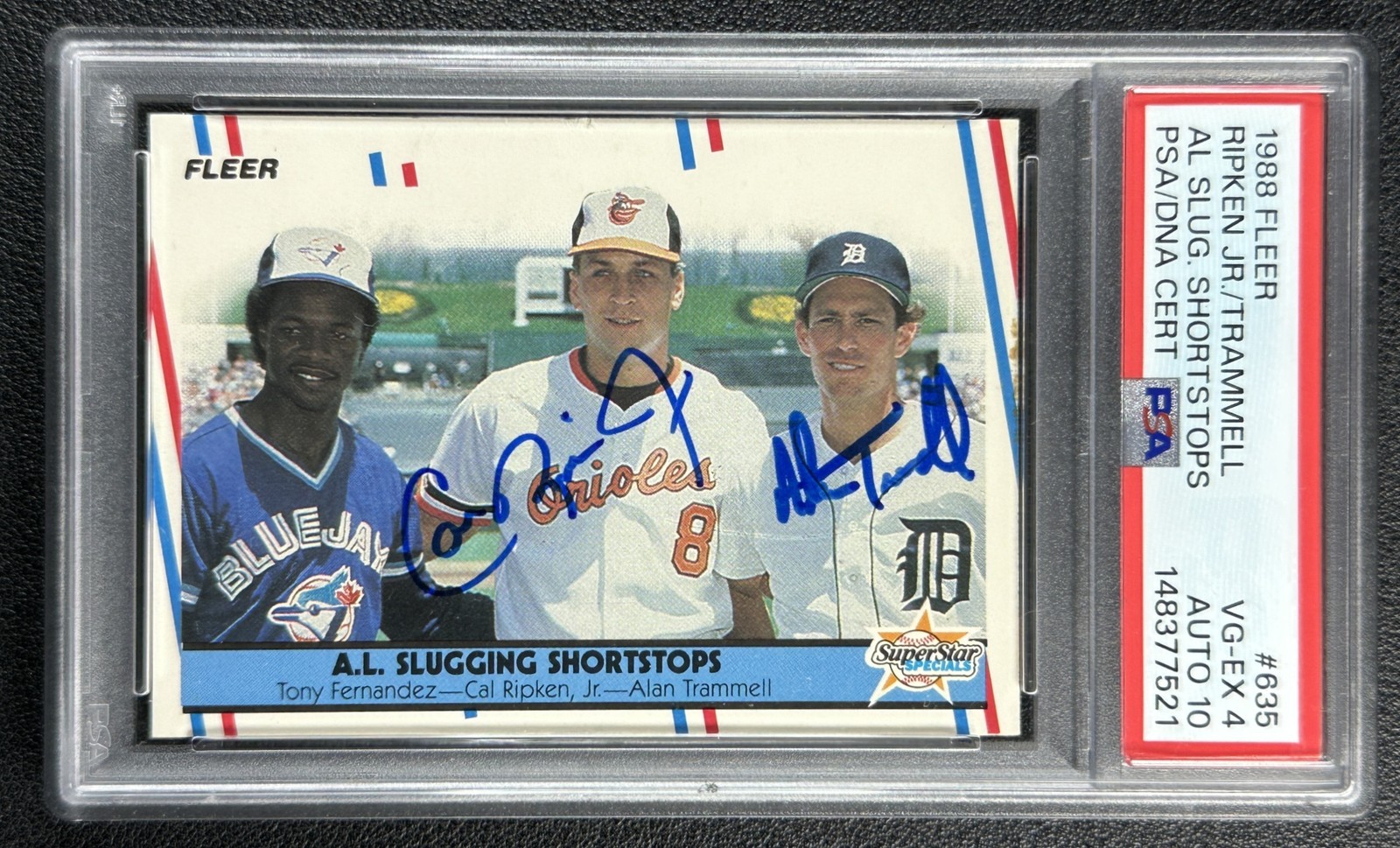 CAL RIPKEN JR. ALAN TRAMMELL DUAL AUTO PSA 4 DNA 10 AUTOGRAPH 1988 FLEER #635 21