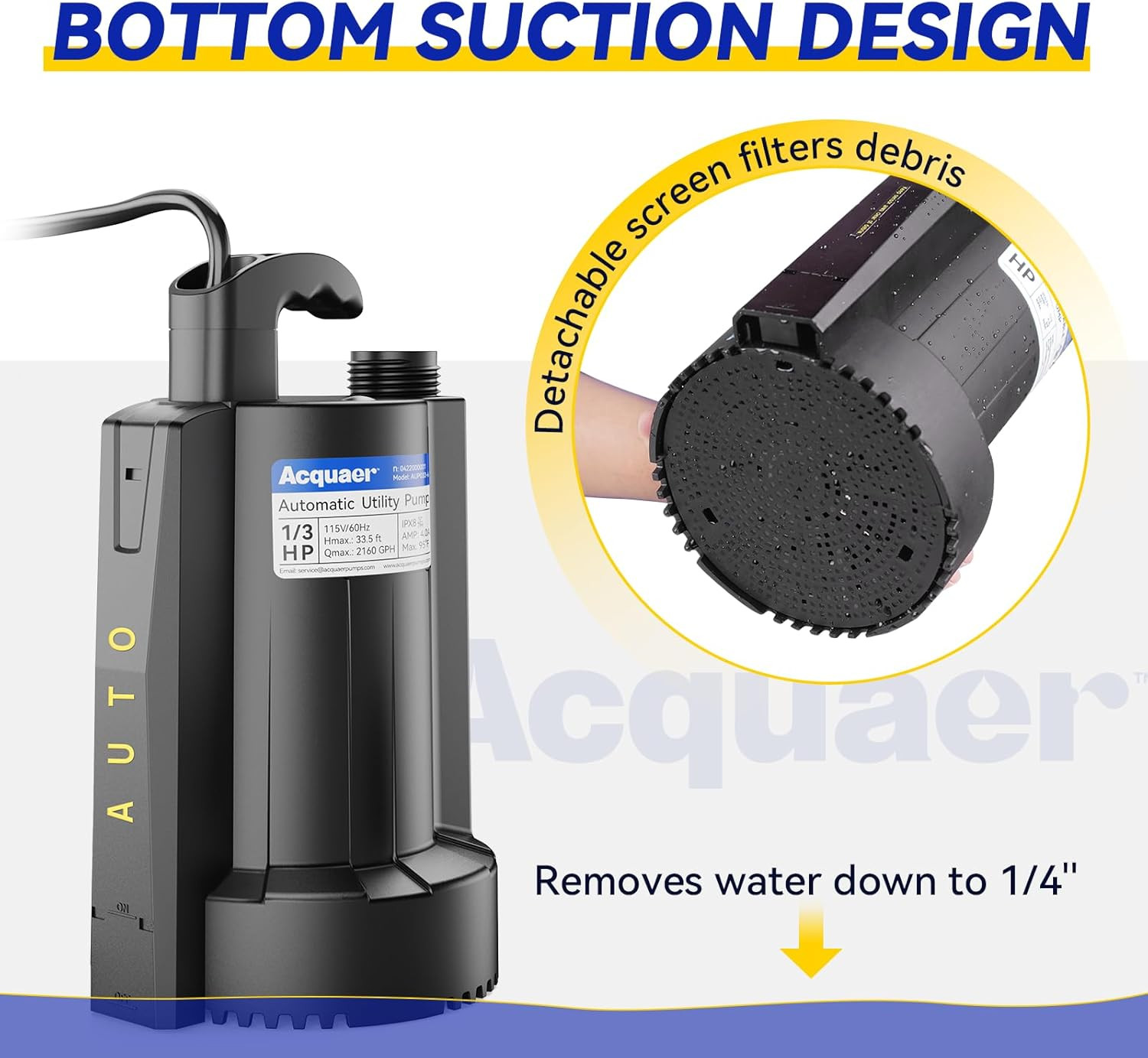 1/3 HP Automatic Submersible Water Pump, 115V Sump Pump with 3/4” Garden Hose Ch