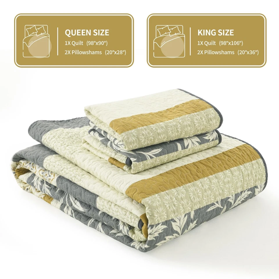 Juego de Edredón Botánico Queen, 100% Algodón Suave Ligero 3 Piezas Cama Acolchada... Foto 4 de 4