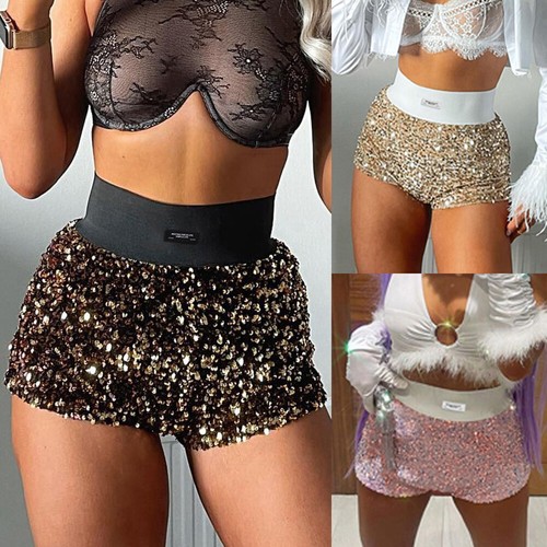 Pantaloncini estivi paillettes donna vita alta sexy festa glitter scintillanti hot pants - Foto 8 di 21
