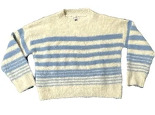 Universal Treads Woman's L NWT Cream Blue Striped Cozy Sweater Casual Soft Fuzzy