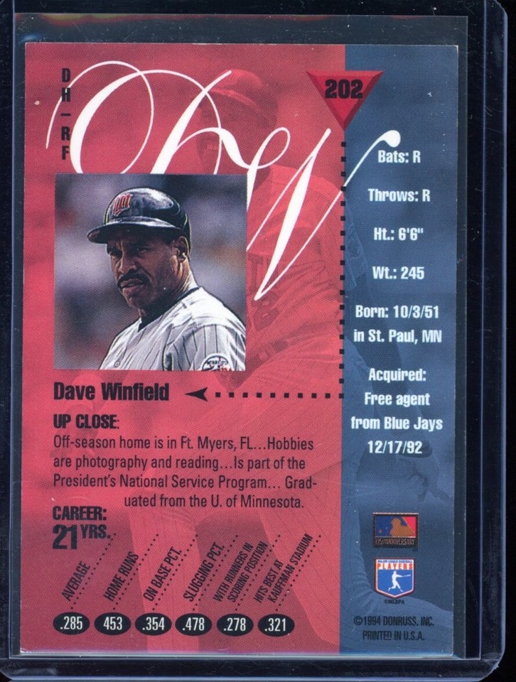 1994 Leaf Studio Dave Winfield 202 Auto Autographed Signed Minnesota