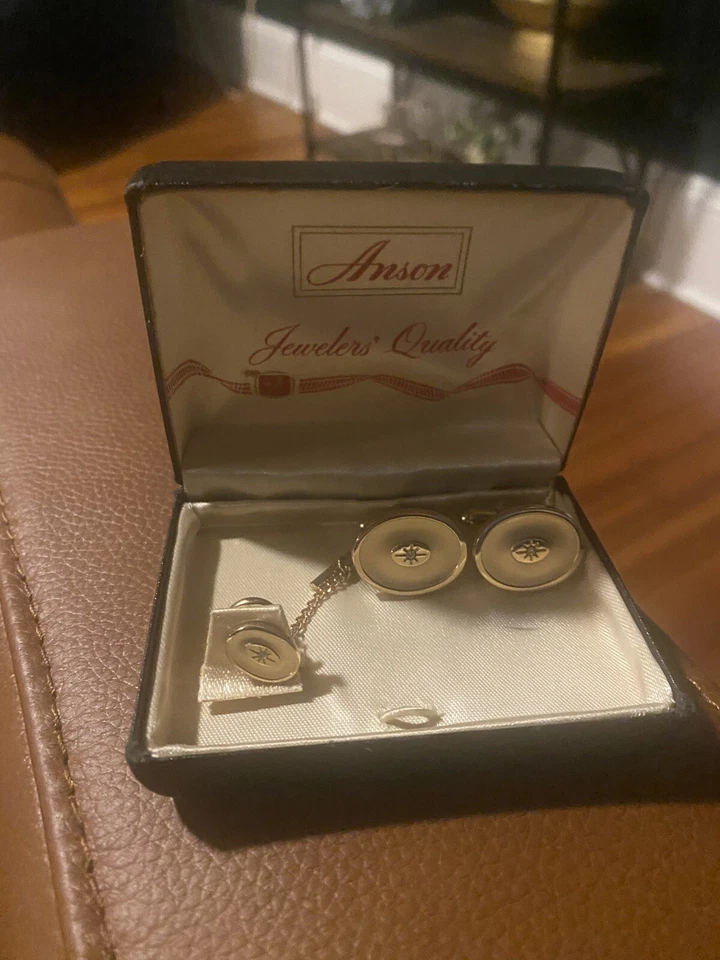 White Rhinestone Silver Tone Vintage ANSON Cuff Links Tie Tack set plain simple Foto 3 de 3