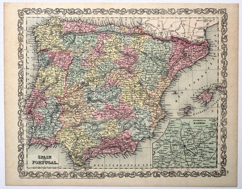 "SPAIN & PORTUGAL" Antique hand colored authentic map 1857 - 第 1/1 張圖片