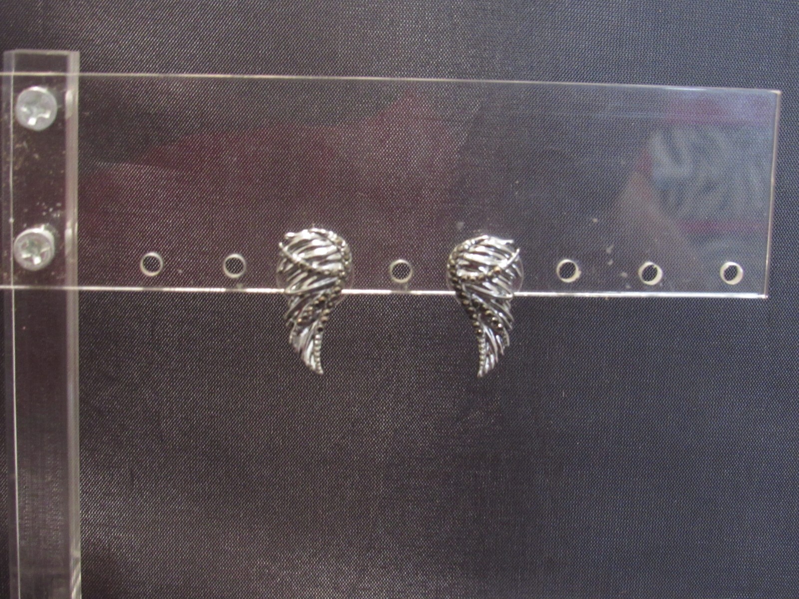 Silver Tone Guardian Angel Wing Stud Earrings with Black Rhinestones-image