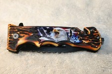 8 3/4"   SOARING BALD EAGLE W FLAG   E-Z OPEN Spring Open Assisted Pocket Knife
