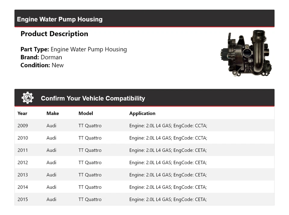Carcasa de bomba de agua para motor Dorman de gas L4 2,0 L 2009-2015 Audi TT Quattro 2010 Foto 2 de 4