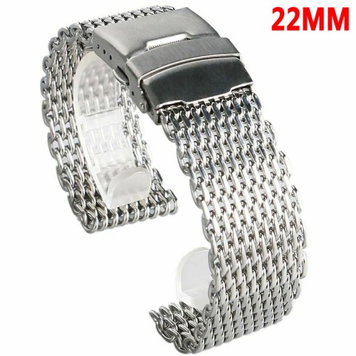 Pulsera de malla de tiburón plateada de acero inoxidable de 20/22/24 mm correa de reloj sólida - Imagen 9 de 13