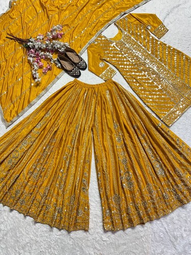 Ready Made Yellow Faux Georgette Palazzo Suit With Dupatta For Wedding - Picture 4 of 12