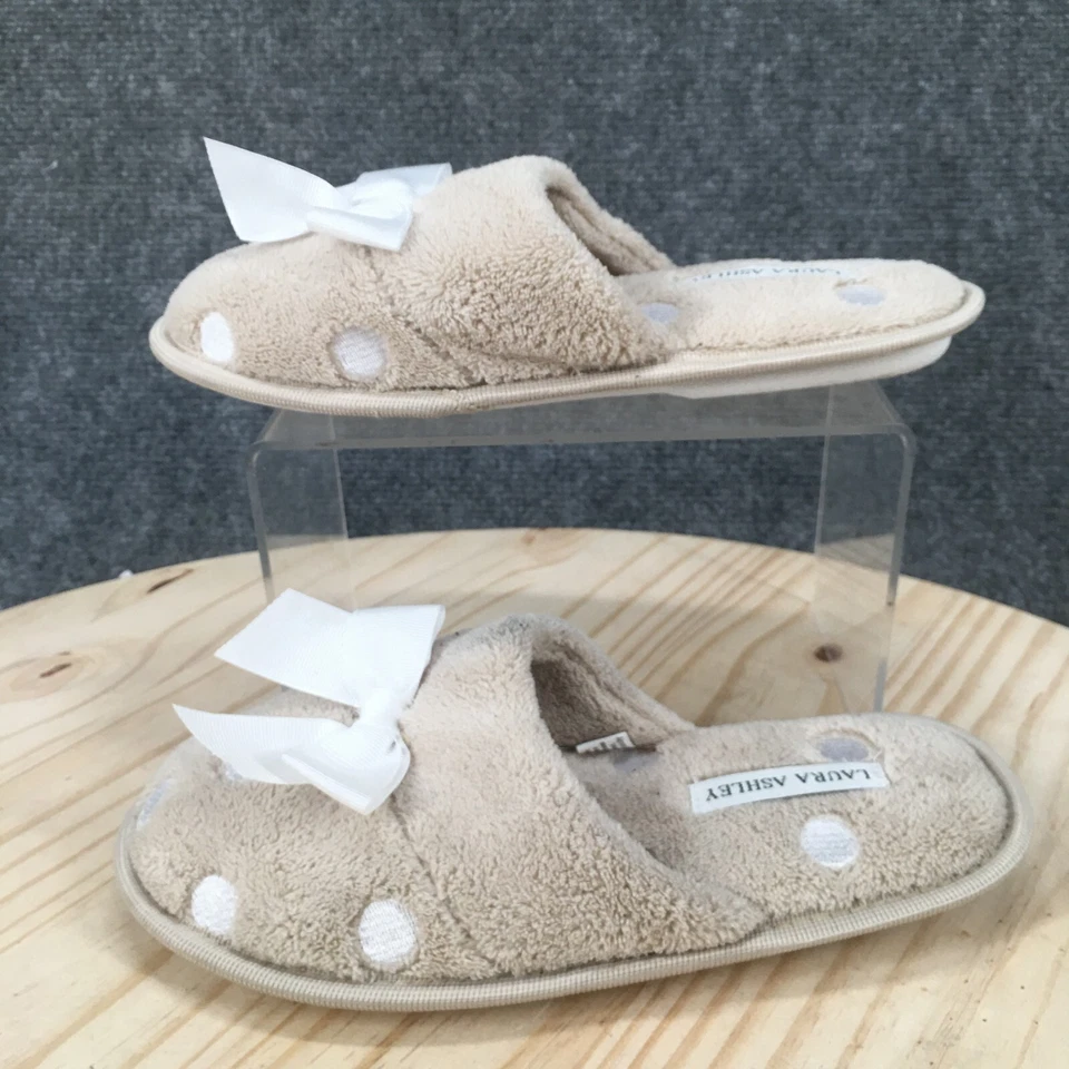 Laura Ashley 拖鞋女式 6 毛绒懒人骡子米色舒适人造毛皮波尔卡 — 第 2/4 张图片