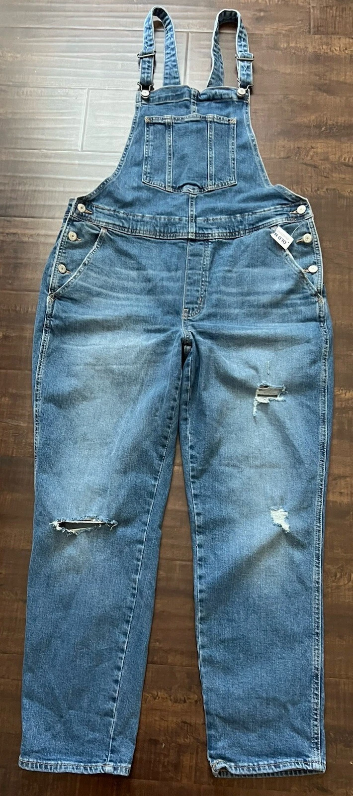 NWT OLD NAVY Jeans Y2K Denim OVERALLS Straight Bohemian Distressed Stretch sz 14