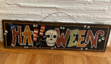 Rustic Halloween Fall Wooden Painted Sign Skull Witch Bat Eyes 27.5"