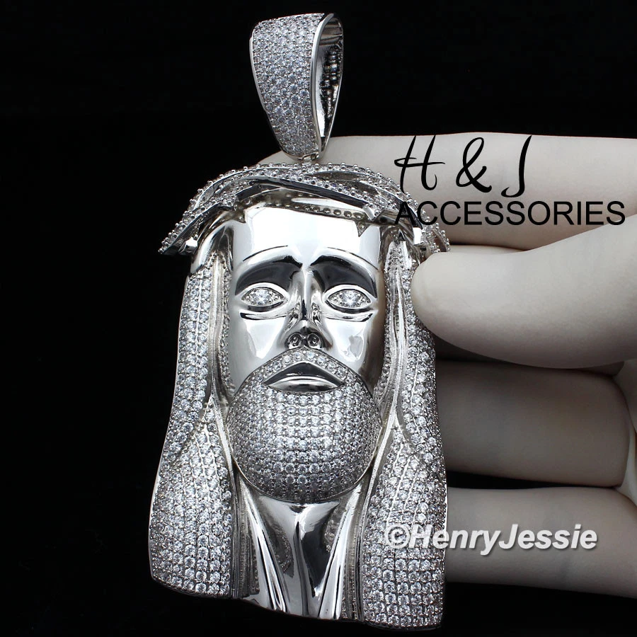 COLGANTE CARA JESÚS PLATA 3D GRAN TAMAÑO BLING CZ CHAPADO EN ORO BLANCO 14K PARA HOMBRE*ABP4 Foto 2 de 4