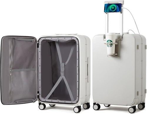 Mixi aufgegebenes Gepäck mit Getränkehalter USB Ladegerät 24" Hartschale Spinner weiß