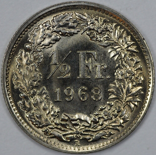 1968 B Switzerland 1/2 Franc, Uncirculated (#10) - Picture 2 of 2