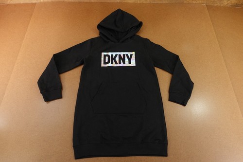 DKNY Girls Size Large (12) Black Fleece Box Logo Hooded Sweatshirt Dress New