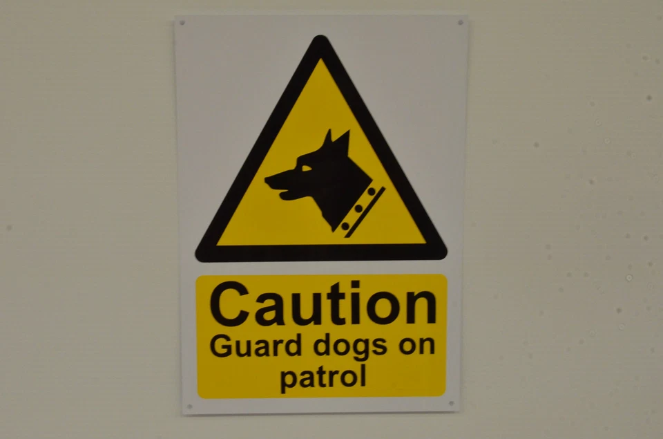 CAUTION GUARD DOGS ON PATROL A6 sign or sticker security yard workplace warning